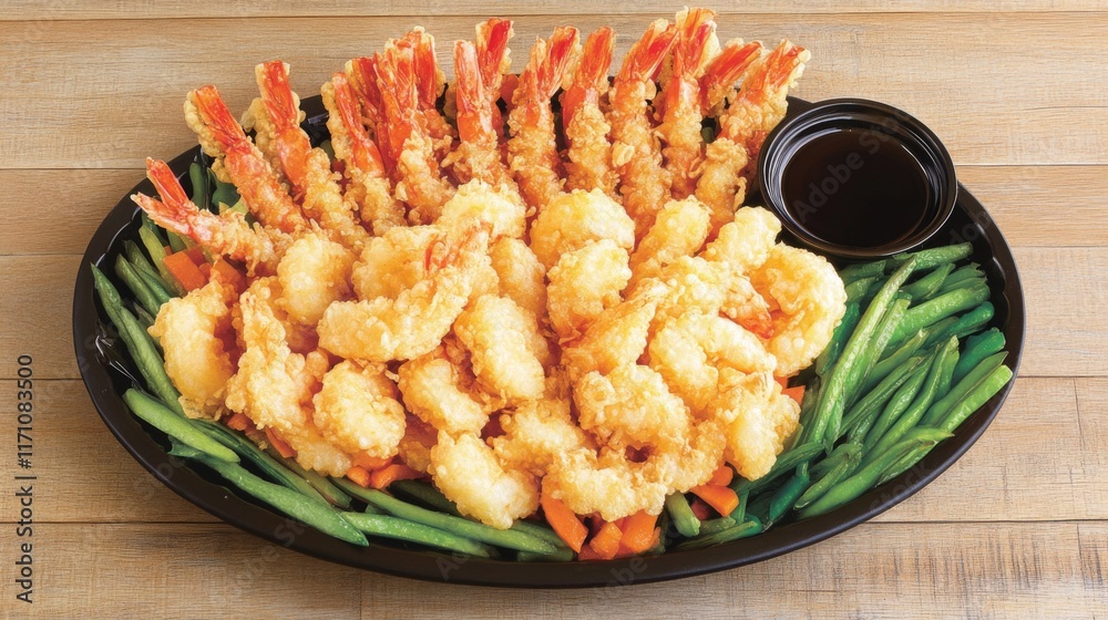 A beautifully arranged platter of golden tempura shrimp and vegetables, served with a small bowl of soy sauce, with a rustic wooden background for a warm feel. A beautifully arranged platter of golden tempura shrimp and vegetables, served with a small bowl of soy sauce, with a rustic wooden background for a warm feel.