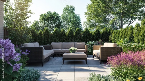Cozy outdoor seating area surrounded by lush greenery and vibran