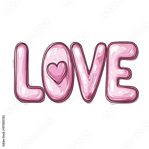 Glossy pink LOVE text with playful heart designs.