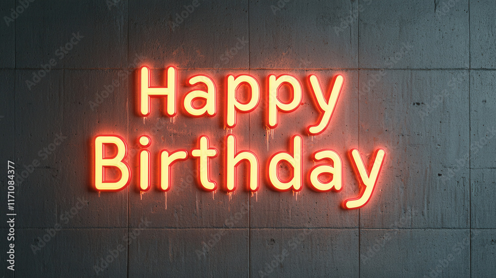 Obraz premium Happy birthday graffiti concept, Happy birthday neon sign on concrete wall, celebrating joyfully