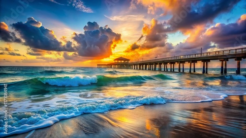 Pompano Beach Pier Sunrise Double Exposure: Ocean Waves & Fishing Pier Silhouette