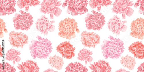 Seamless floral patttern of drawn pink delicate peonies flowers heads, vector background, fabric, paper, wallpaper, textile