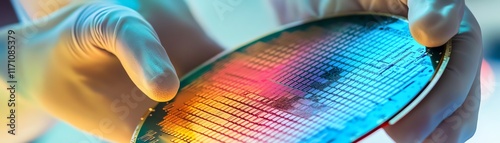 Hands in gloves holding a colorful semiconductor wafer, white isolate background