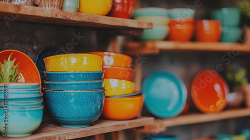 Colorful ceramic bowls and plates displayed on wooden shelves in a rustic kitchen setting