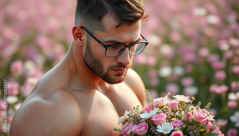 Obraz premium handsome nerd man in flower field