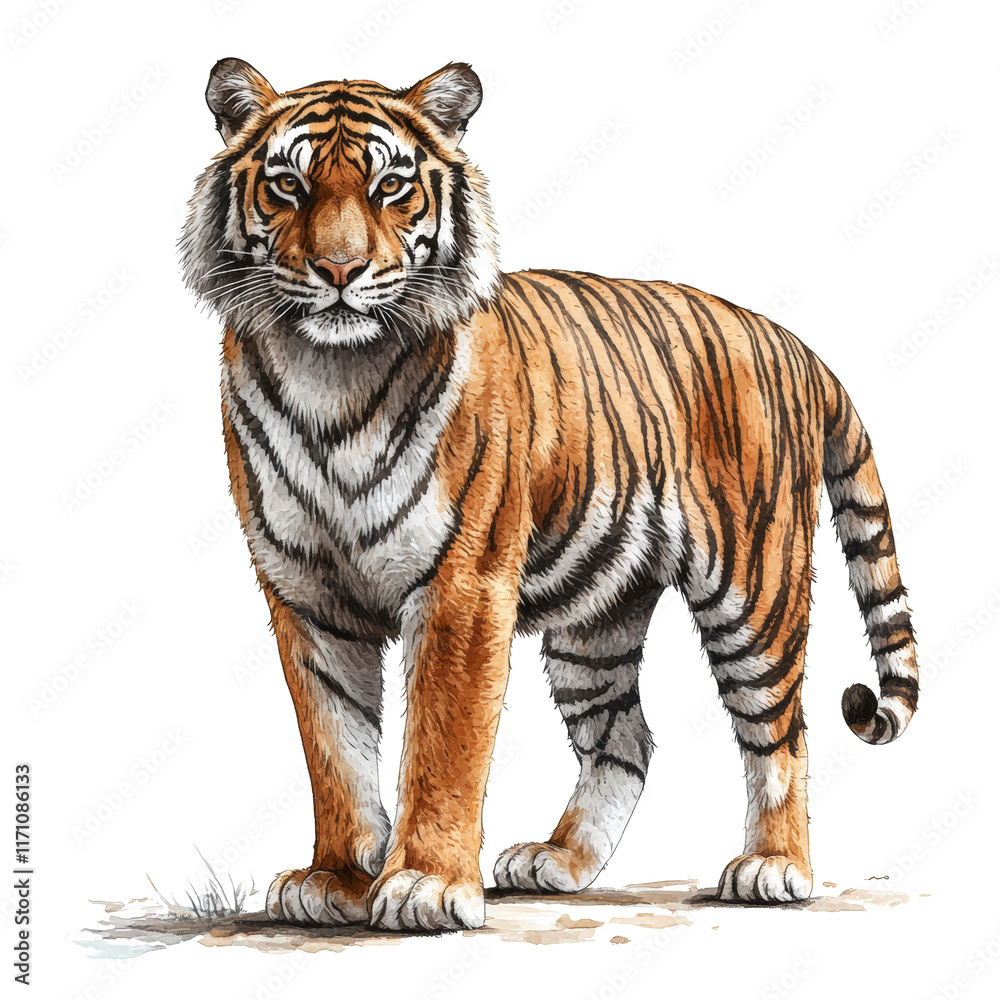 Obraz premium A tiger stands in front of a white background. The tiger is the main focus of the image, and it is looking directly at the camera. The tiger's stripes are prominent, and it seems to be a beautiful