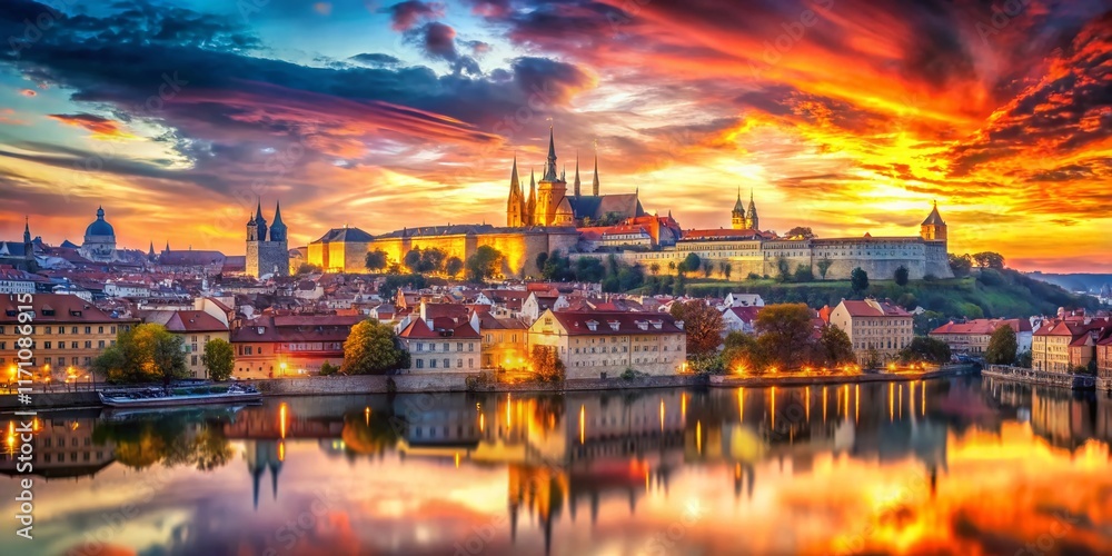 Fototapeta premium Prague Sunset Panoramic Double Exposure: Cityscape & Abstract Art