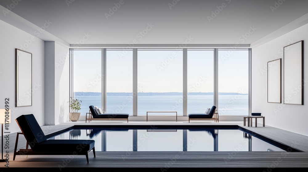 Fototapeta premium Modern minimalist interior space featuring luxurious pool and stunning view of tranquil water landscape