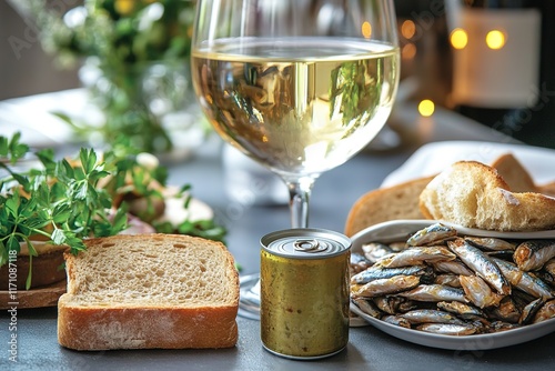 Brightly lit table setting features wine, bread, and sardines, e photo