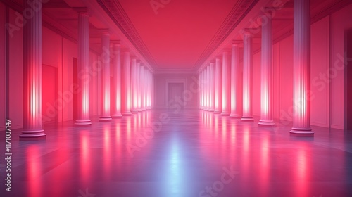 Pink Neon Lit Classical Hallway Columns Reflecting Light