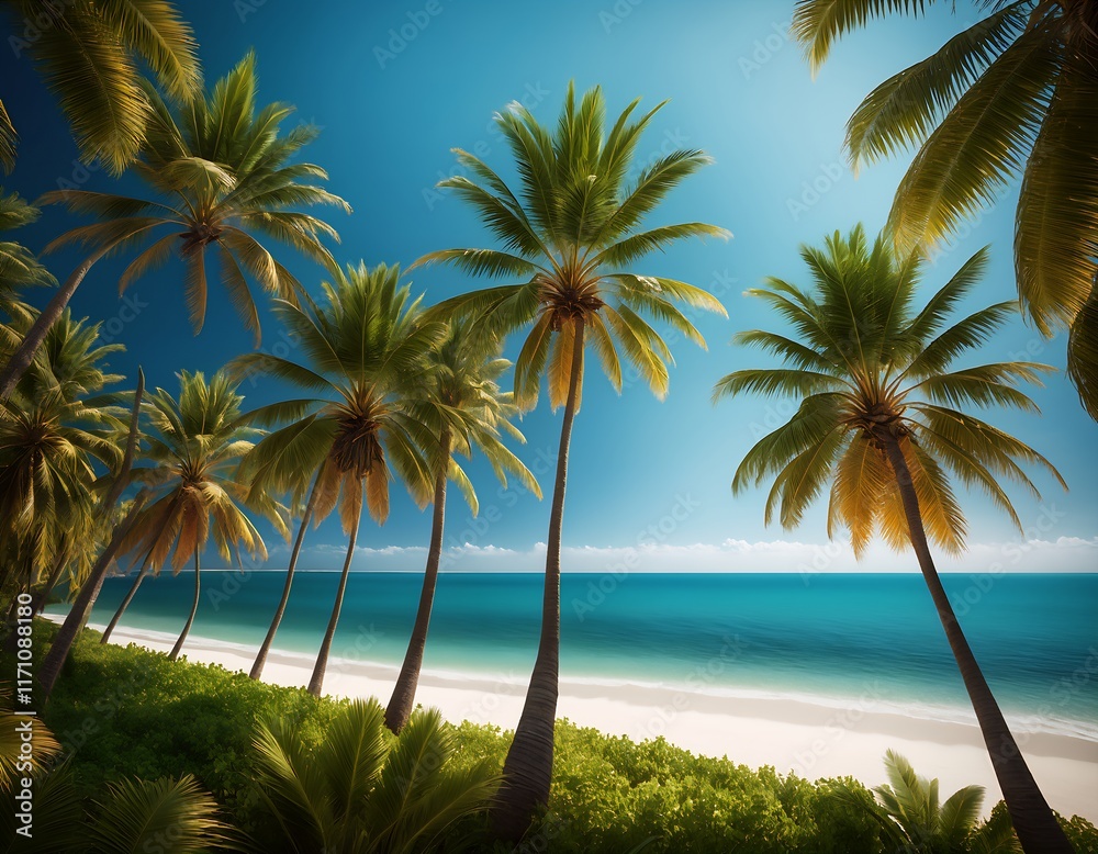 Fototapeta premium Serene tropical beach lined with palm trees