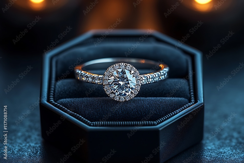 Elegant diamond engagement ring displayed in a luxurious box. Elegant diamond engagement ring displayed in a luxurious box.