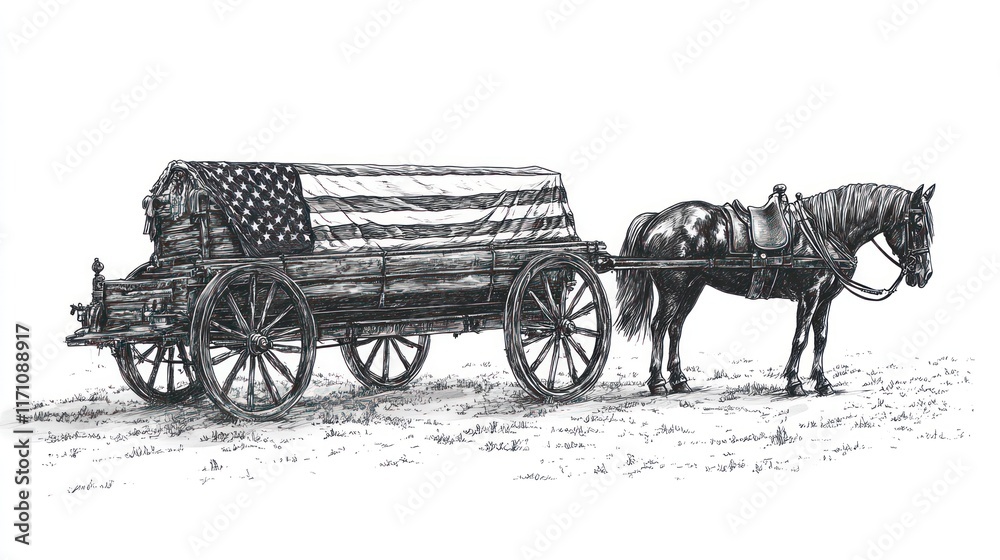 Naklejka premium A horse-drawn wagon draped with an American flag, symbolizing heritage and tradition.