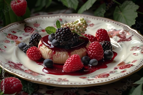 Indulge in a delightful dessert featuring berries on a creamy custard base, presented on a vintage plate. photo