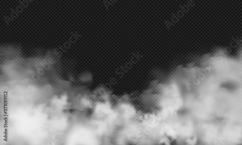 White realistic fog or smoke wave, winter mist, fire steam pattern, cigarette or chimney fume, sky cloud silhouette, explosion smog, weather element and nature air effect on transparent background.
