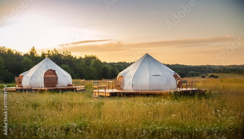 glamping pods in a filed photo