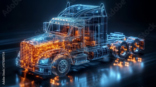 Wireframe semi-truck model with glowing engine and chassis details.