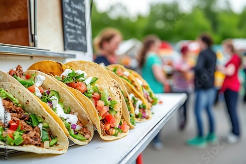 Food trucks offer gourmet cuisine on-the-go. Delicious tacos displayed at a vibrant food truck event.