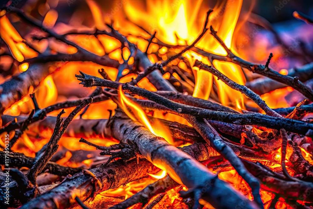 Surreal flames lick at charred branches; fiery embers glow intensely. Surreal flames lick at charred branches; fiery embers glow intensely.