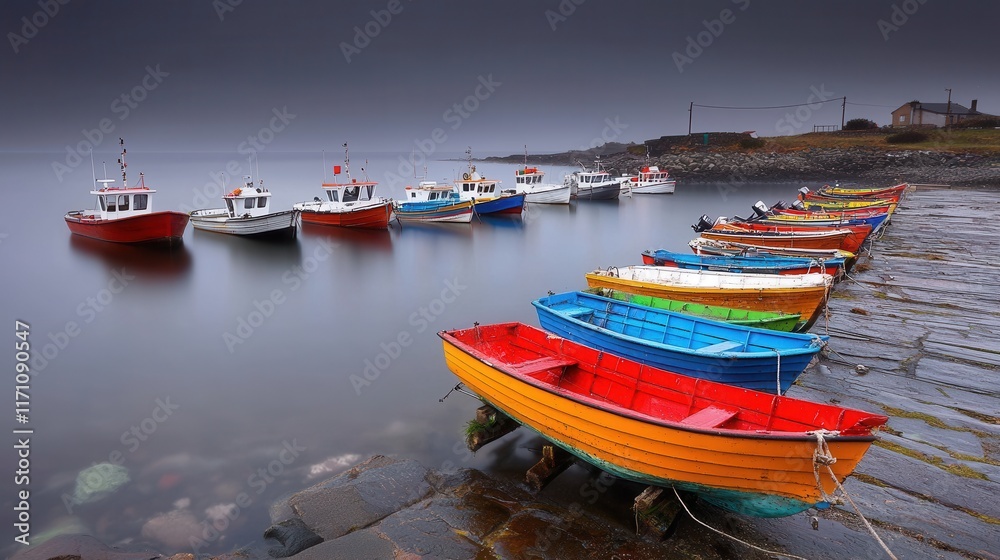 Fototapeta premium Colorful Fishing Boats Moored on Calm Waters with Misty Horizon in Coastal Landscape
