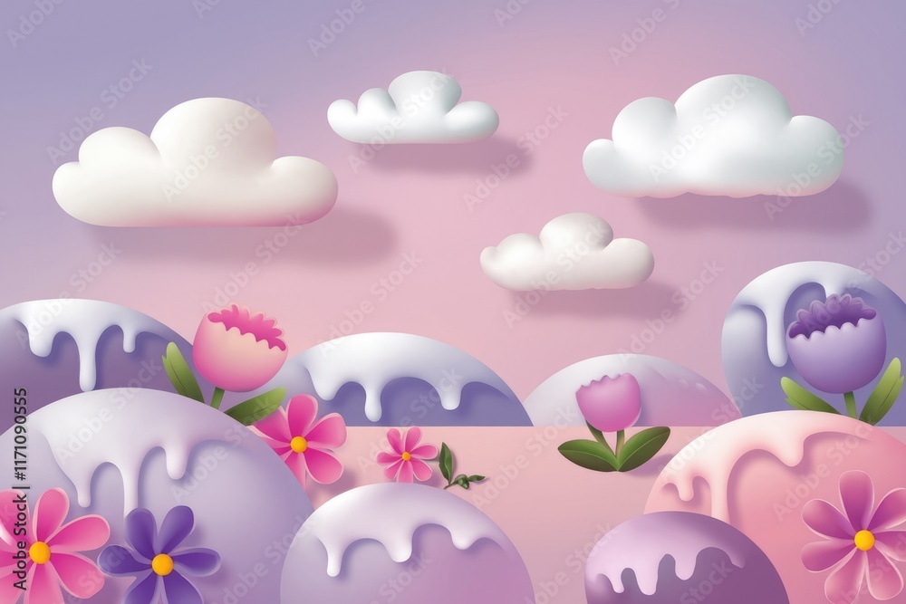 Obraz premium Whimsical landscape with pastel hills, flowers, and fluffy clouds in a dreamy atmosphere.