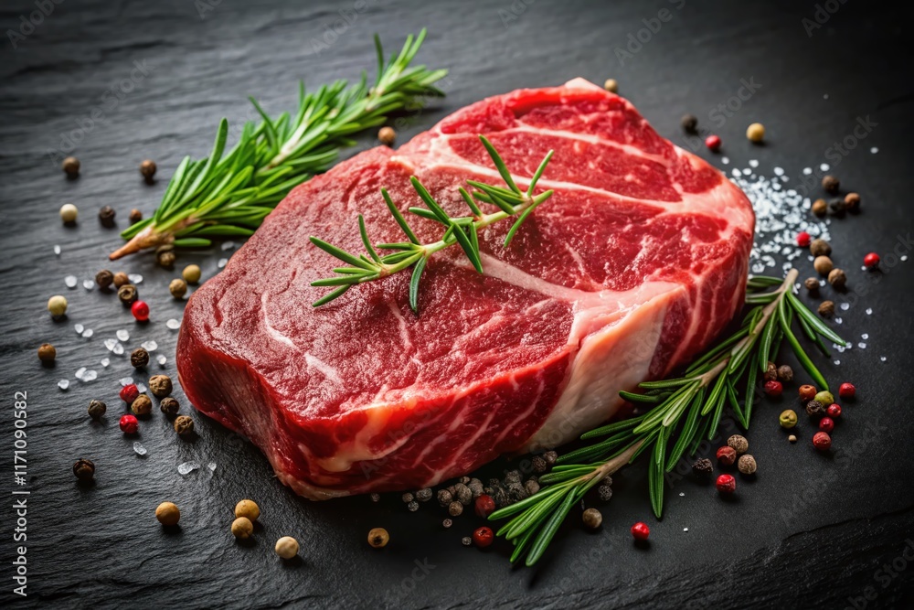 Raw Beef Steak, Top View Close Up, Isolated on Black Background - Premium Stock Photo Raw Beef Steak, Top View Close Up, Isolated on Black Background - Premium Stock Photo