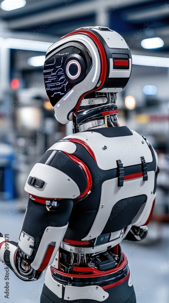 A robot works efficiently in a contemporary office, illuminated by soft blue light with additional robots engaged around it A robot works efficiently in a contemporary office, illuminated by soft blue light with additional robots engaged around it