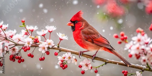 Virginia Cardinal Winter Snow Panoramic: Red Bird on Branch Eating Cherry Buds photo