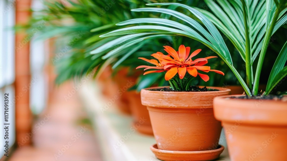 Fototapeta premium Vibrant Indoor Flower with Green Foliage in Pots on a Sunshine-Filled Windowsill Surface