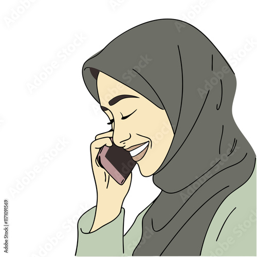 Arab woman in burka talking on phone and smiling. Vector cartoon illustration in flat art style
