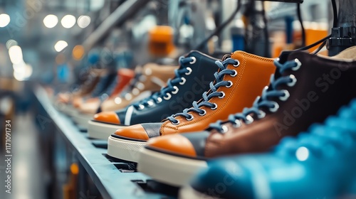 Row of colorful sneakers on production line in a footwear factory. photo