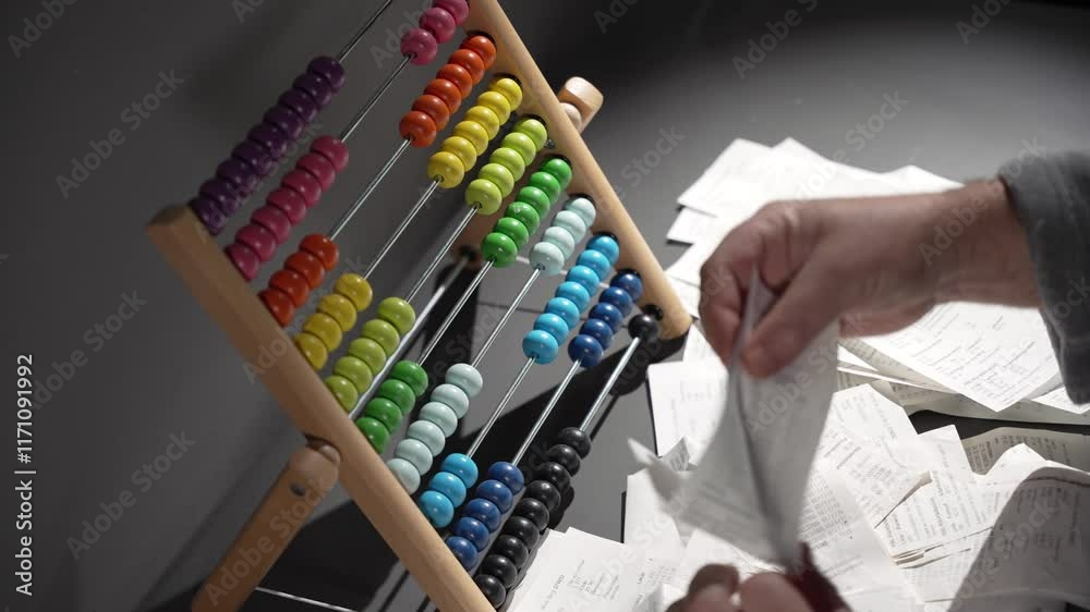 A man counts expenses on a wooden abacus. A man keeps records. A wooden abacus instead of a calculator. A man is angry and upset because of his unsuccessful attempt.