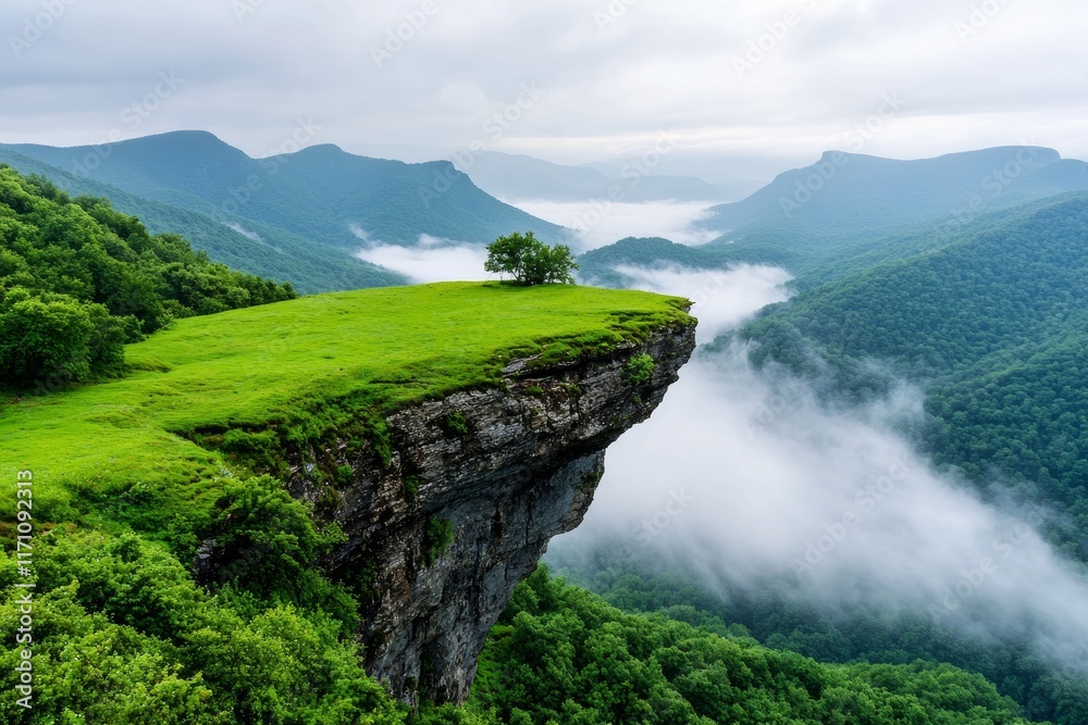 Fototapeta premium An awe-inspiring summer scenery captured from above, showcasing a foggy mountain range and clouds merging with the setting sun, enveloping the wilderness in a serene and majestic air of nature