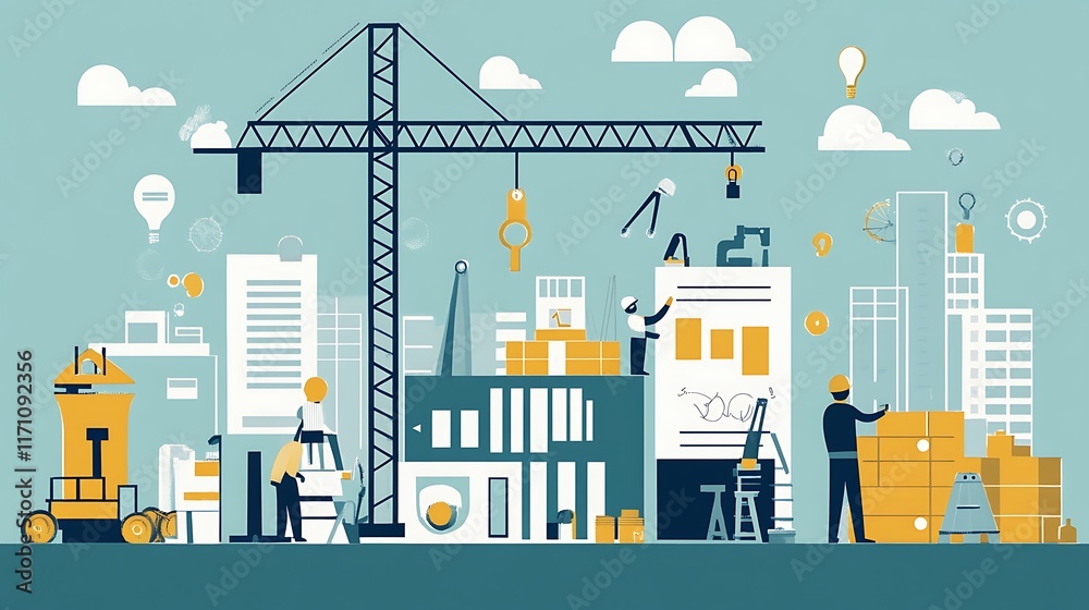 Obraz premium Construction Workers Building Modern Cityscape