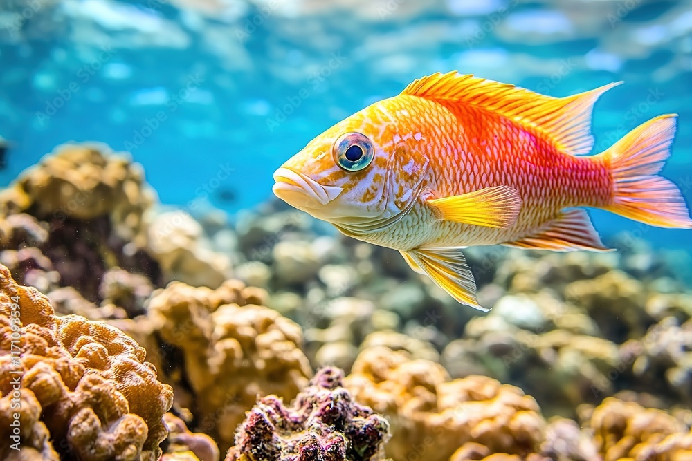 Fototapeta premium Vibrant fish gliding through clear water, surrounded by colorful