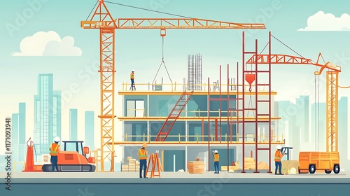 Construction Workers Building Modern City Highrise