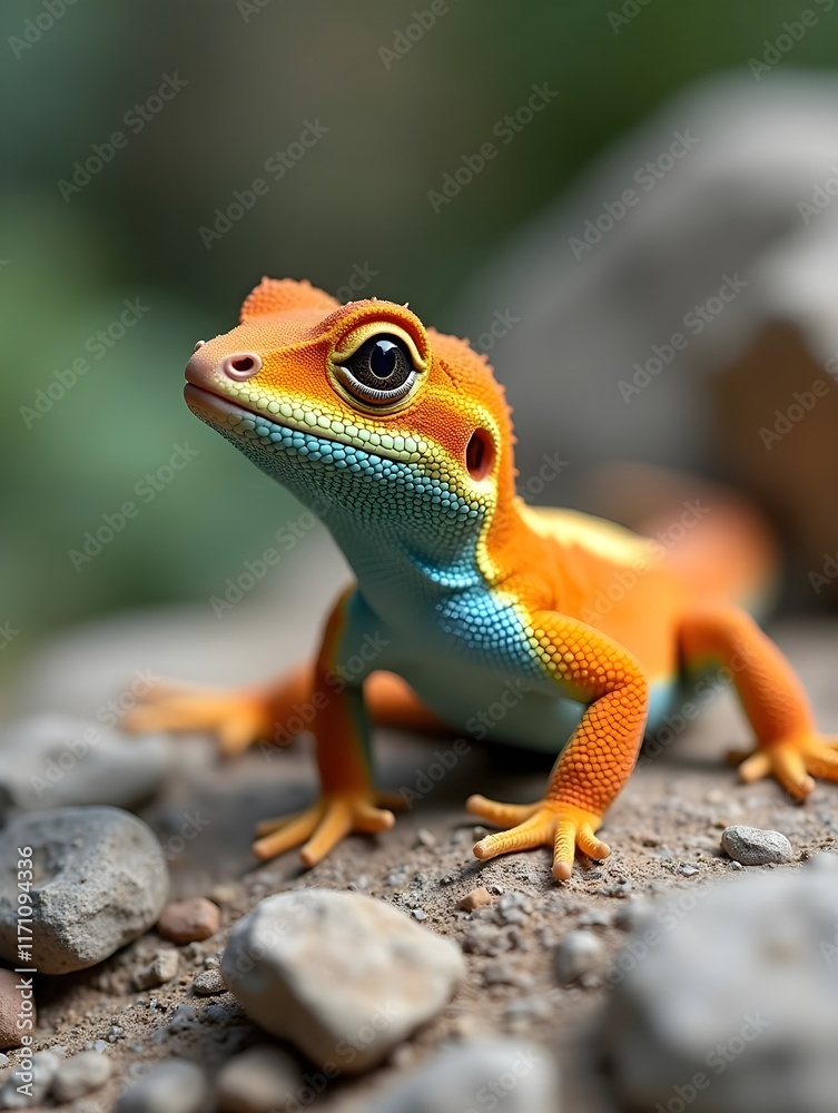A colorful gecko perched on rocks, showcasing its vibrant patterns in natural light. A colorful gecko perched on rocks, showcasing its vibrant patterns in natural light.