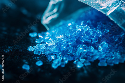 bag filled with blue powder is placed on a wooden table. The blue powder is contained in a plastic bag, and the bag is sitting on the table photo