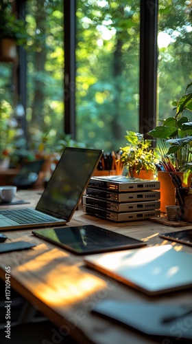 Sunlit workspace with laptops, tablets, and plants.