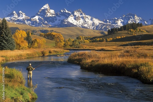On a lovely winter day, a man is fly fishing in a spring creek in Paradise Valley, Montana.