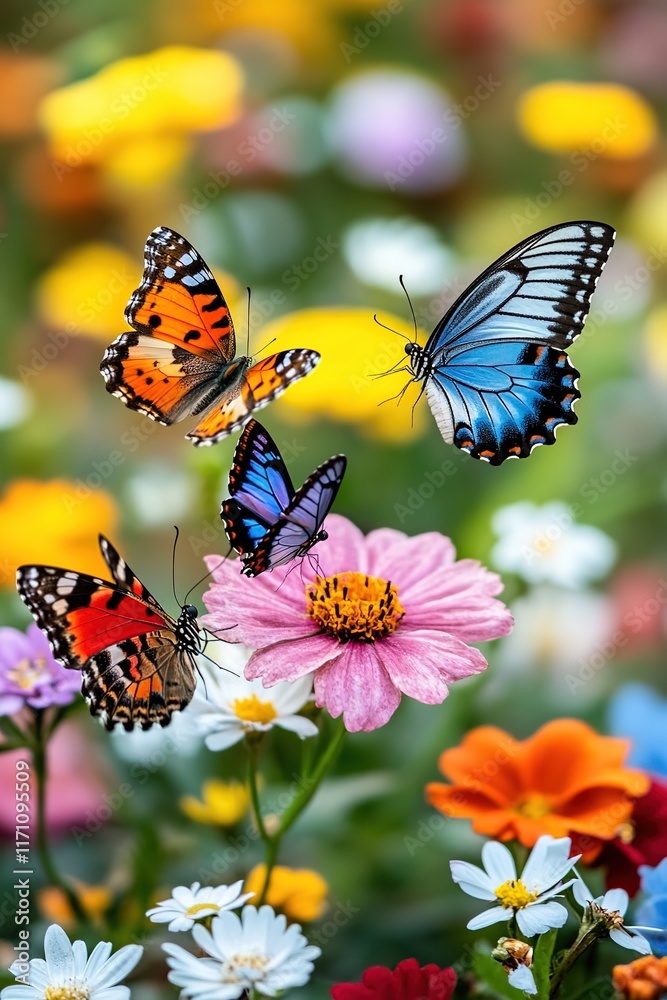 Obraz premium Colorful butterflies fluttering over vibrant flowers create live