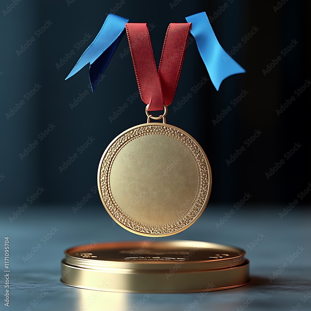 Gold Medal Awaits On Golden Stand With Red And Blue Ribbons