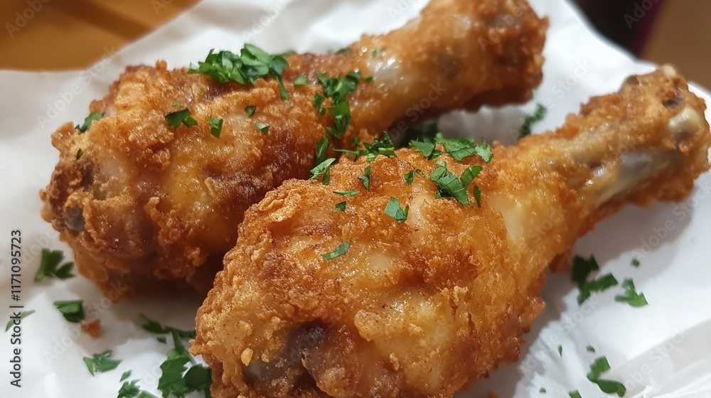 Crispy Fried Chicken Drumsticks Garnished with Fresh Parsley Crispy Fried Chicken Drumsticks Garnished with Fresh Parsley
