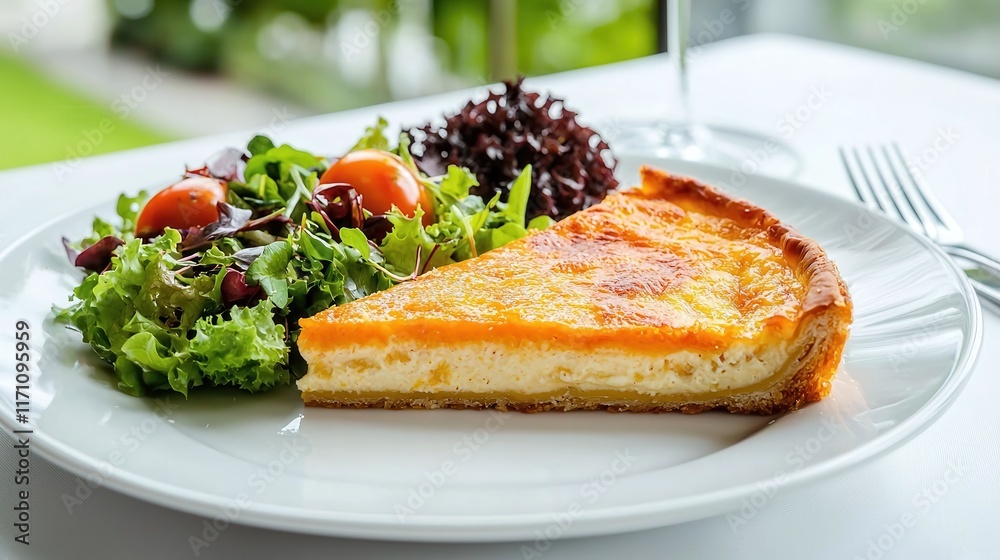 Delicious Slice of Quiche Served with Fresh Green Salad and Cherry Tomatoes on Plate Delicious Slice of Quiche Served with Fresh Green Salad and Cherry Tomatoes on Plate