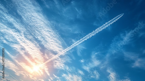 Airplane contrail across a vibrant blue sky at sunset.