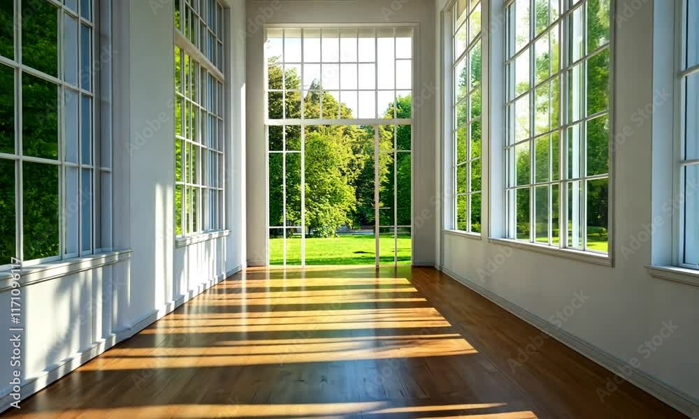 Sunlit Interior Room with Expansive Windows and Lush Green Garden View Sunlit Interior Room with Expansive Windows and Lush Green Garden View