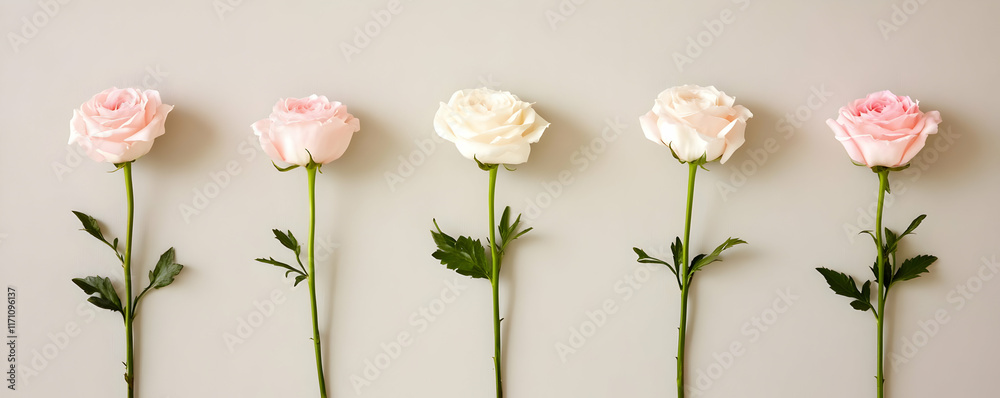 custom made wallpaper toronto digitalFive pastel roses arranged on grey background. Romantic, elegant design for cards or websites