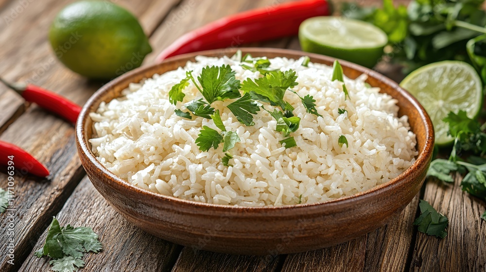 Freshly Cooked Rice with Herbs and Lime in a Rustic Bowl on Wooden Table Freshly Cooked Rice with Herbs and Lime in a Rustic Bowl on Wooden Table