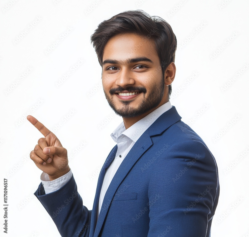 A good-looking businessman gesturing towards something against a white backdrop. A good-looking businessman gesturing towards something against a white backdrop.