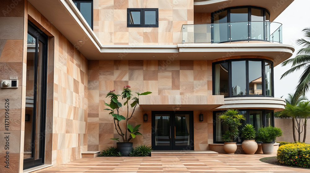 Fototapeta premium Modern home's exterior showcases beige stone cladding, large black-framed windows and doors. Landscaping includes potted plants and shrubs near the entrance. Upper level features a curved balcony.